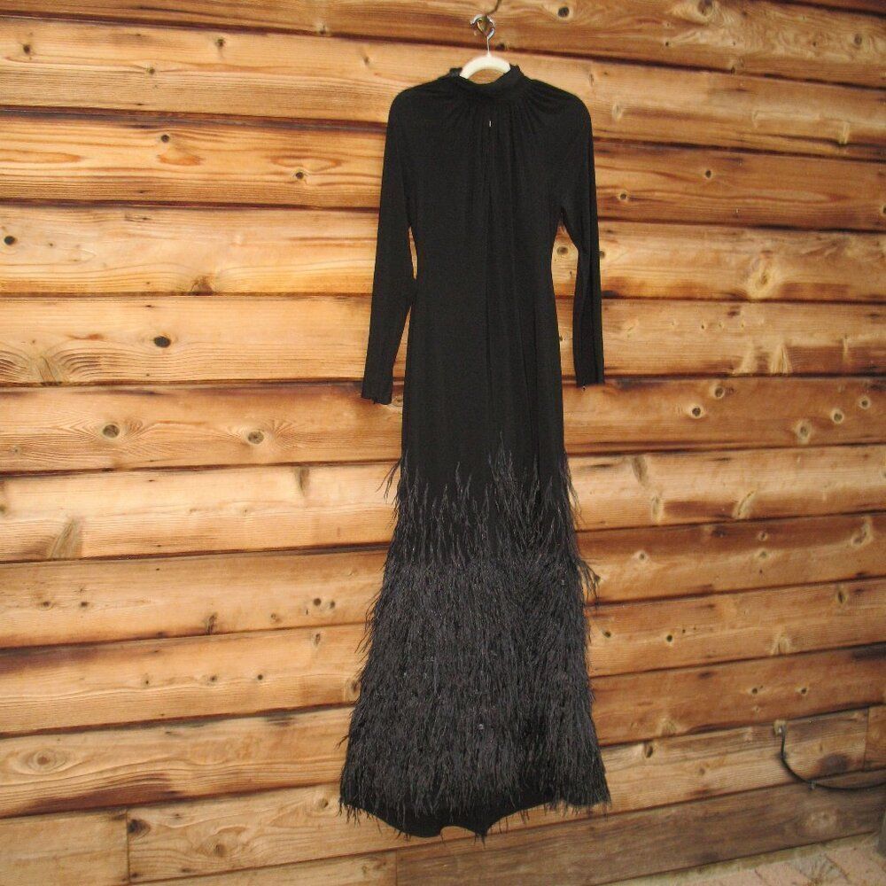 MAC DUGGAL  11839 Black Jersey Long Sleeve High Neck Feather Gown - Picture 10 of 16
